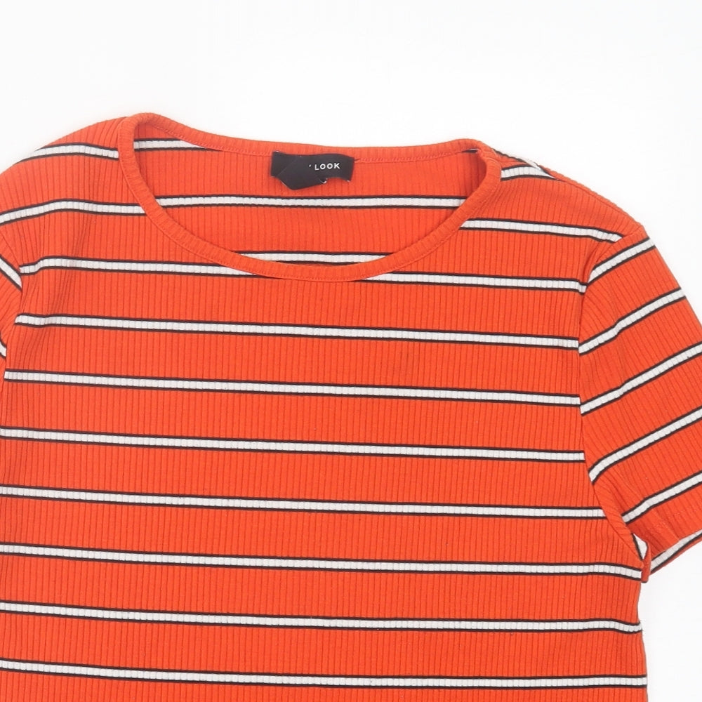 NEXT Womens Orange Striped Polyester Basic T-Shirt Size 16 Crew Neck