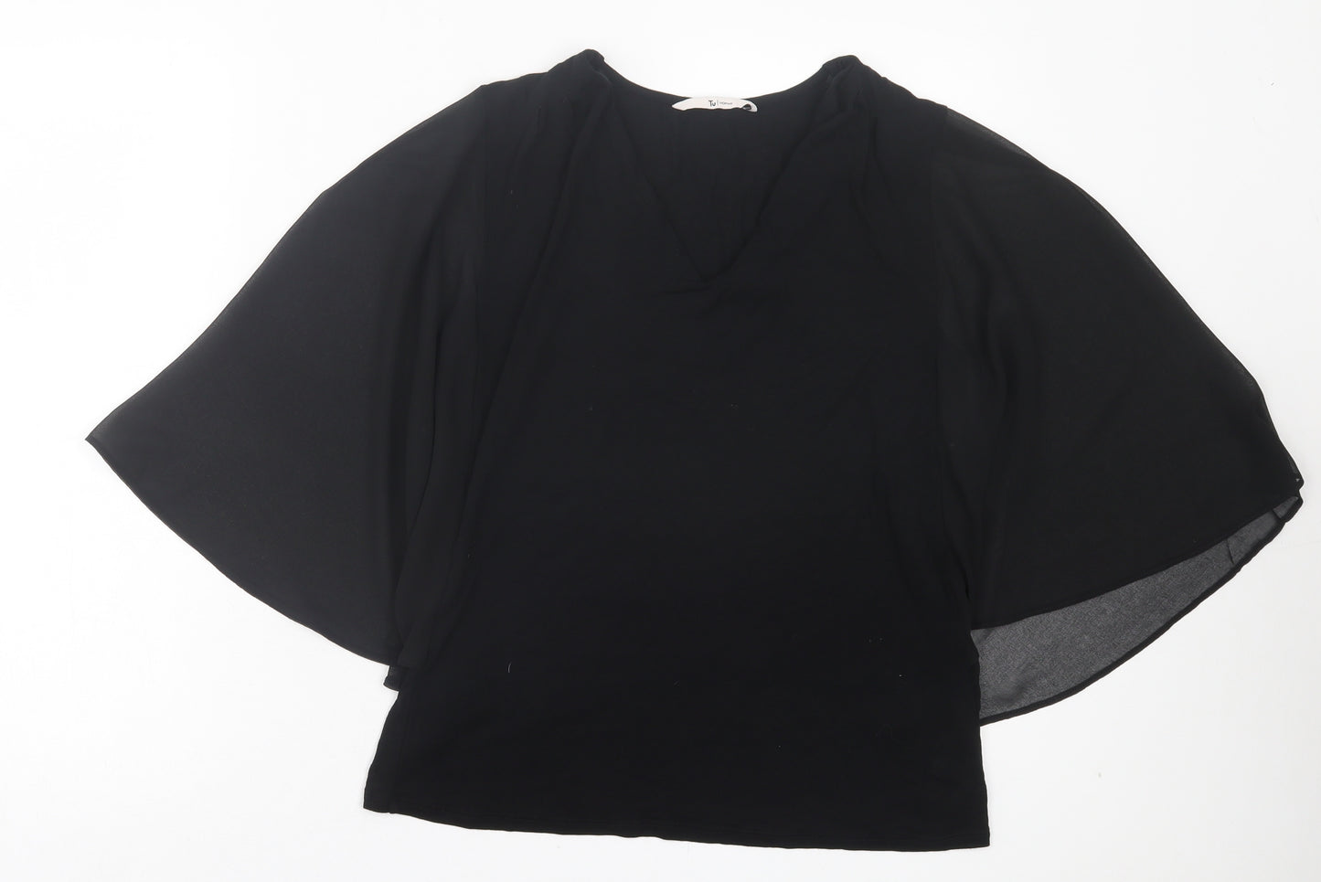 TU Womens Black Viscose Basic T-Shirt Size 8 V-Neck - Mesh Sleeves