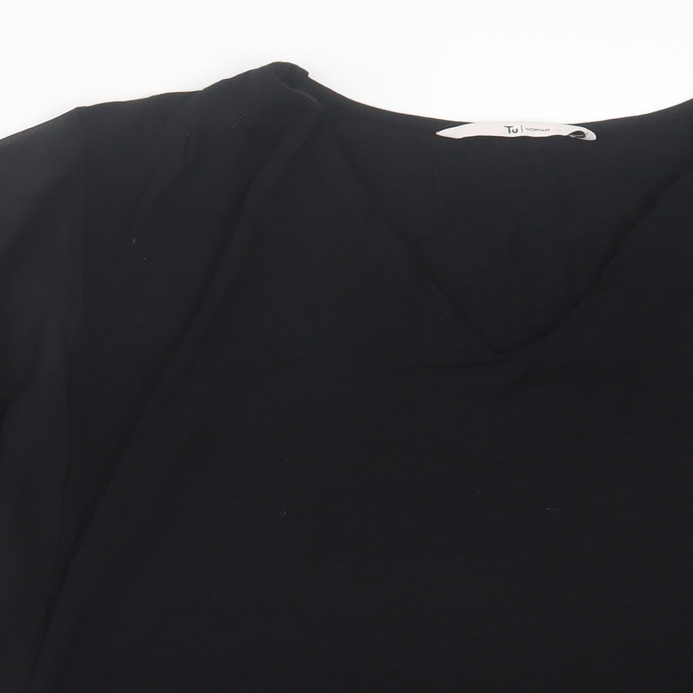 TU Womens Black Viscose Basic T-Shirt Size 8 V-Neck - Mesh Sleeves