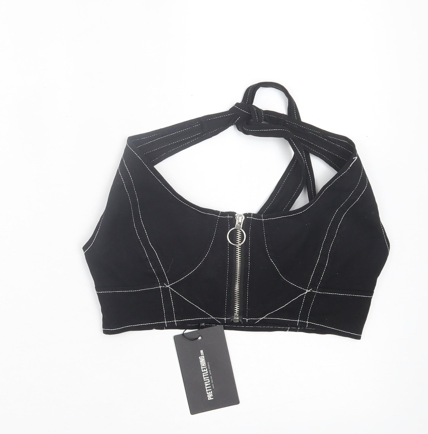 PRETTYLITTLETHING Womens Black Cotton Cropped Tank Size 8 Halter