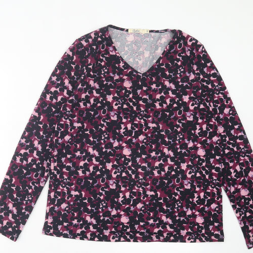 Onfire Womens Purple Floral Polyester Basic T-Shirt Size 12 V-Neck