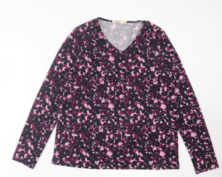Onfire Womens Purple Floral Polyester Basic T-Shirt Size 12 V-Neck