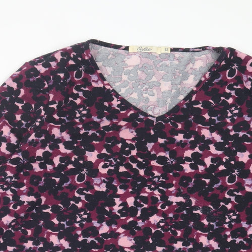 Onfire Womens Purple Floral Polyester Basic T-Shirt Size 12 V-Neck