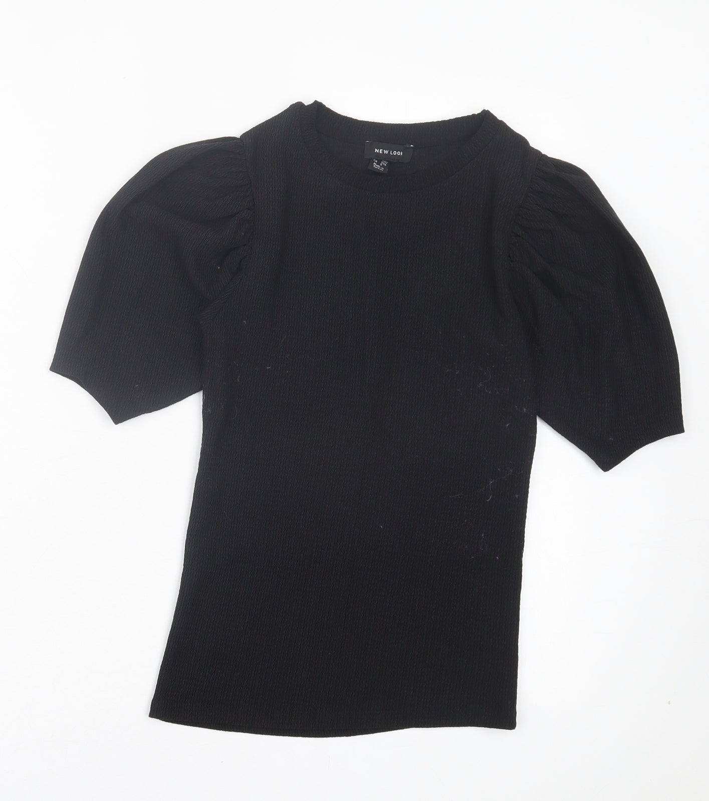 New Look Womens Black Polyester Basic T-Shirt Size 6 Crew Neck - Puff Sleeves