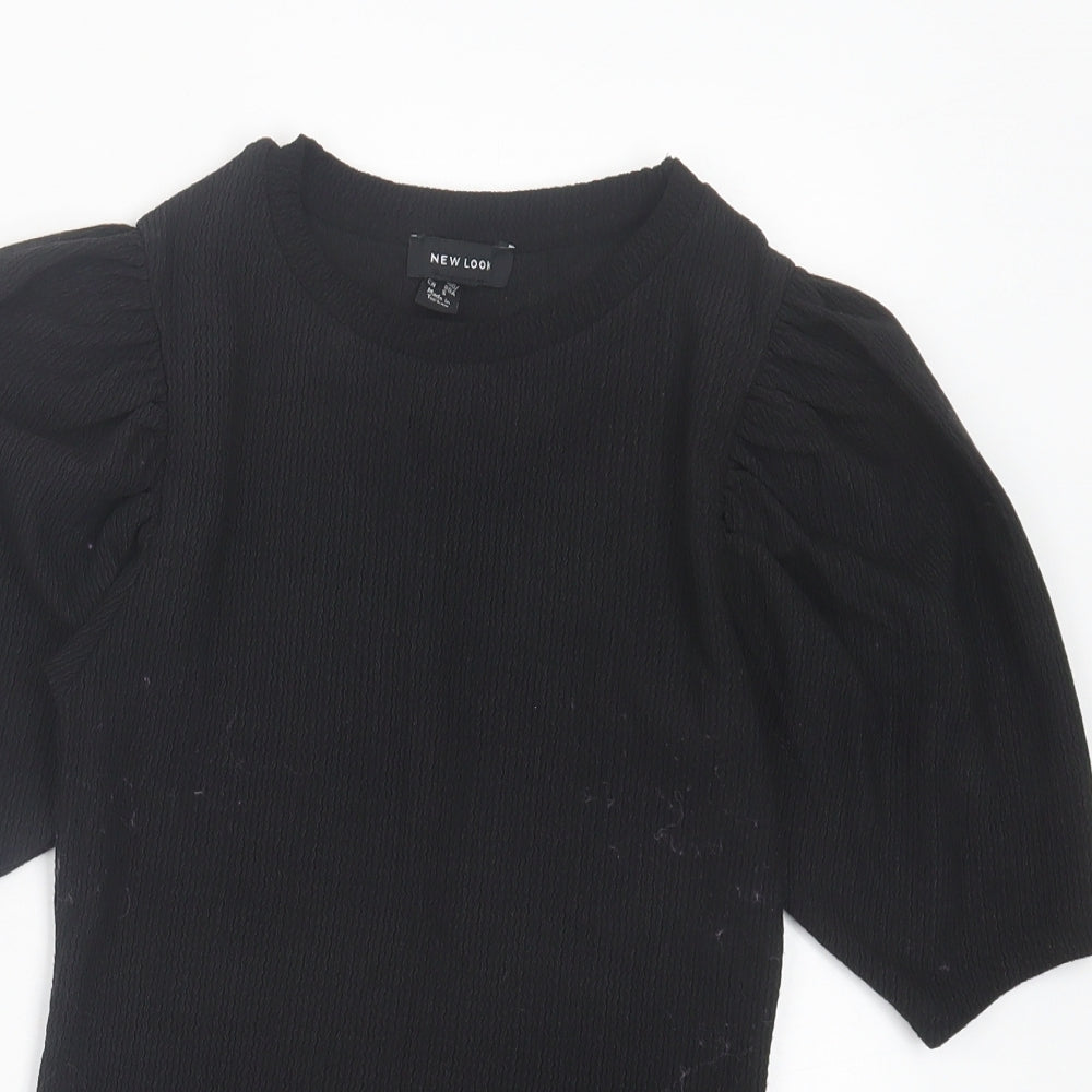 New Look Womens Black Polyester Basic T-Shirt Size 6 Crew Neck - Puff Sleeves