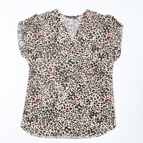 Dunnes Stores Womens Brown Animal Print Polyester Basic T-Shirt Size XS V-Neck - Leopard Print