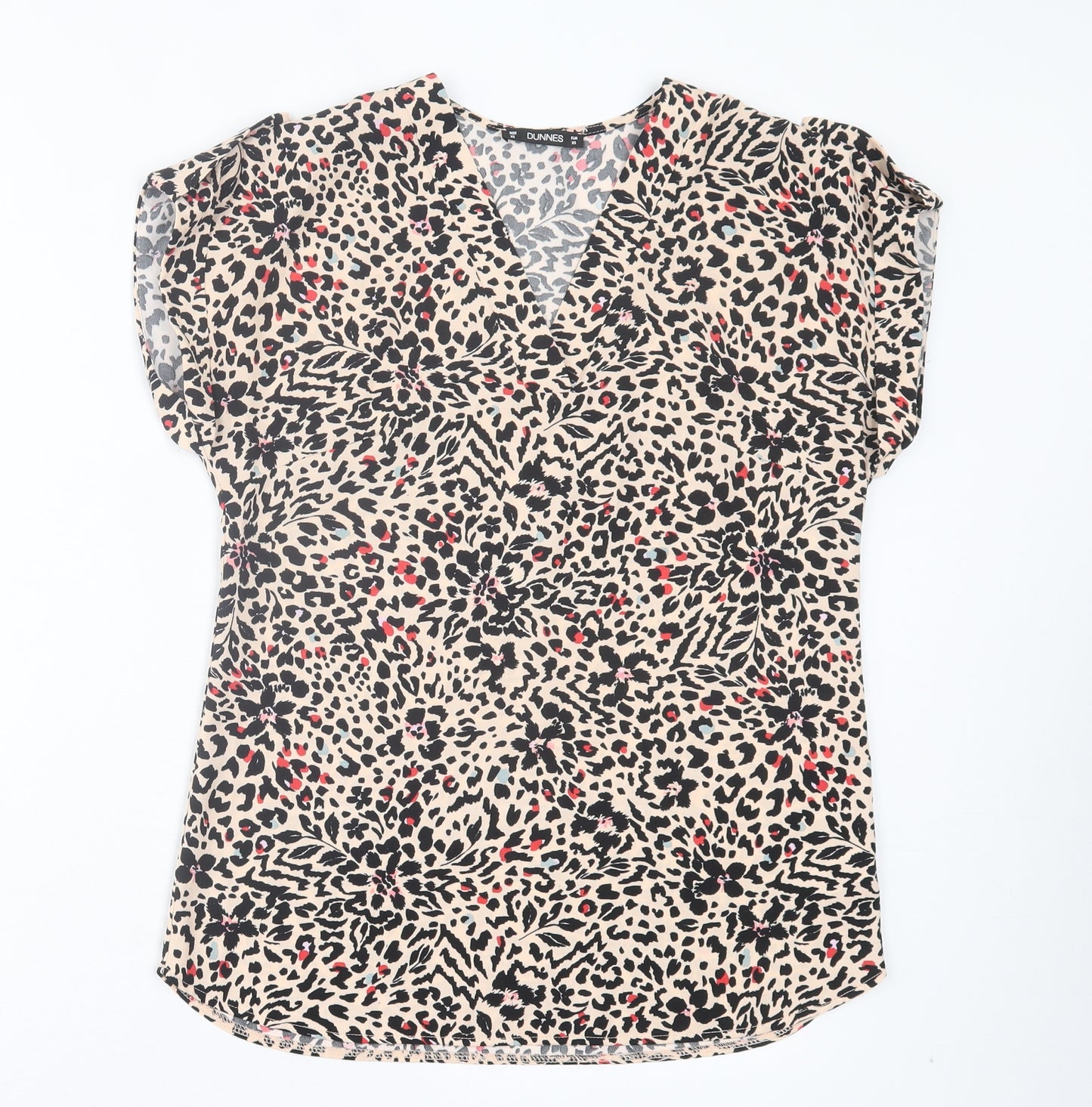 Dunnes Stores Womens Brown Animal Print Polyester Basic T-Shirt Size XS V-Neck - Leopard Print