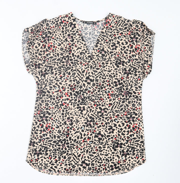 Dunnes Stores Womens Brown Animal Print Polyester Basic T-Shirt Size XS V-Neck - Leopard Print