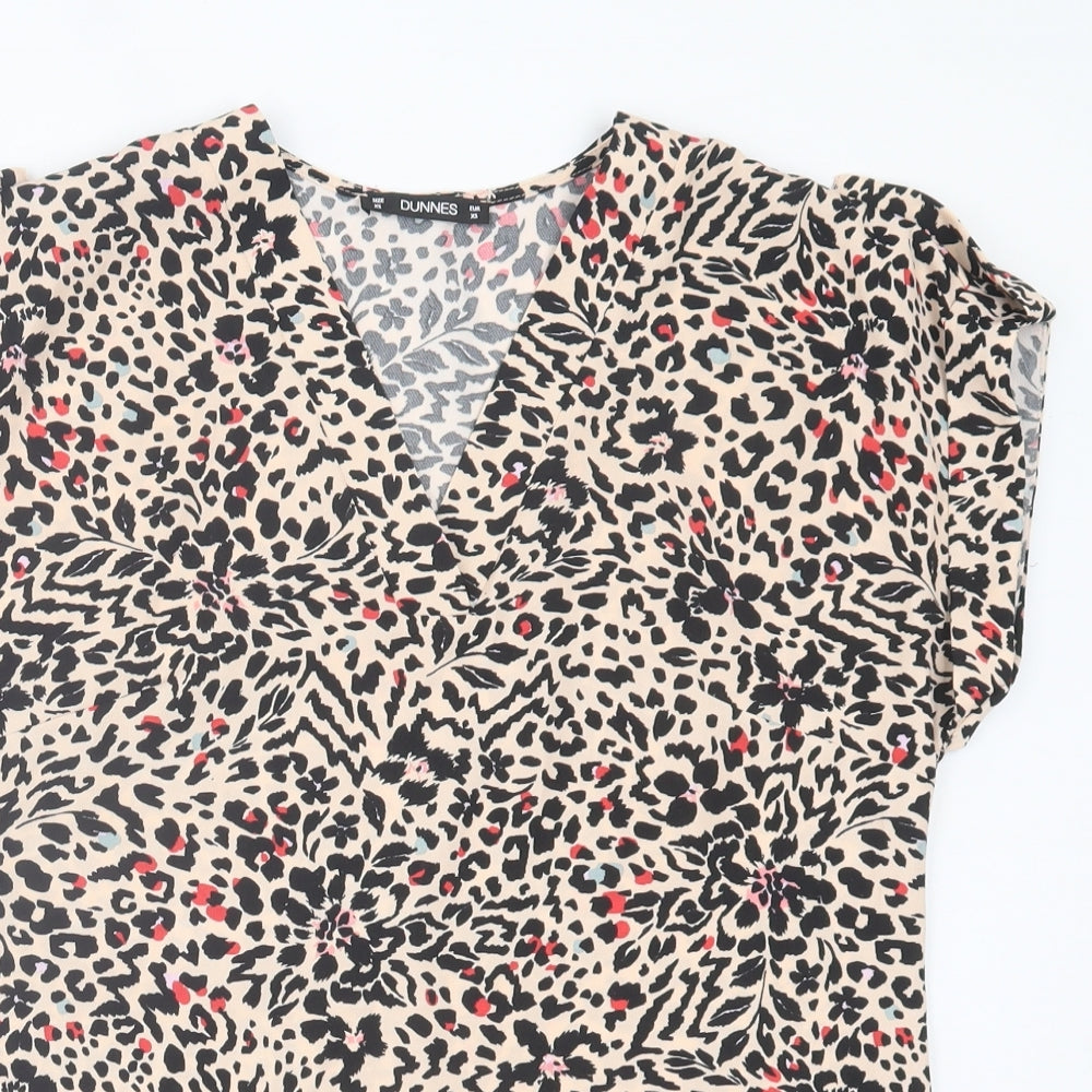 Dunnes Stores Womens Brown Animal Print Polyester Basic T-Shirt Size XS V-Neck - Leopard Print