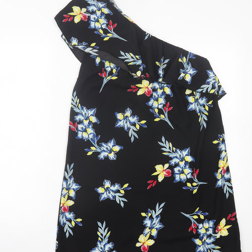 New Look Womens Black Floral Polyester A-Line Size 10 One Shoulder Pullover