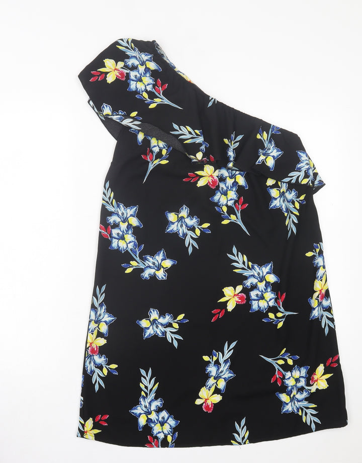 New Look Womens Black Floral Polyester A-Line Size 10 One Shoulder Pullover