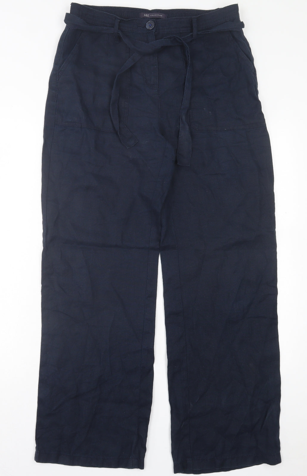 Marks and Spencer Womens Blue Linen Trousers Size 8 L30 in Regular Button