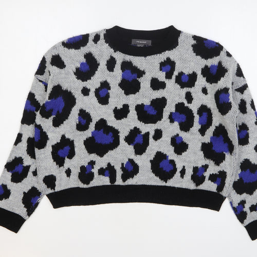 Primark Womens Grey Round Neck Animal Print Acrylic Pullover Jumper Size 10 - Leopard Print
