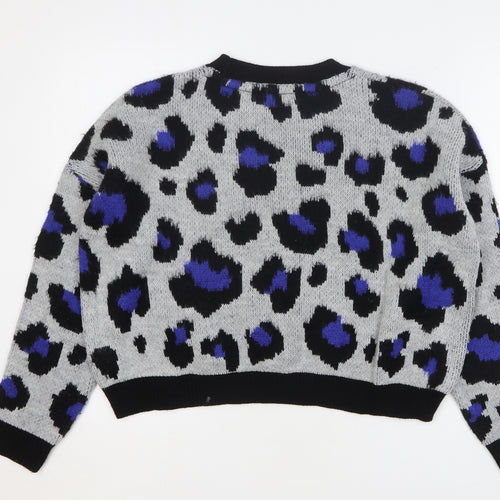 Primark Womens Grey Round Neck Animal Print Acrylic Pullover Jumper Size 10 - Leopard Print