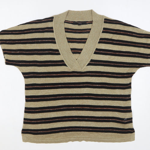 NEXT Womens Beige V-Neck Striped Acrylic Pullover Jumper Size M