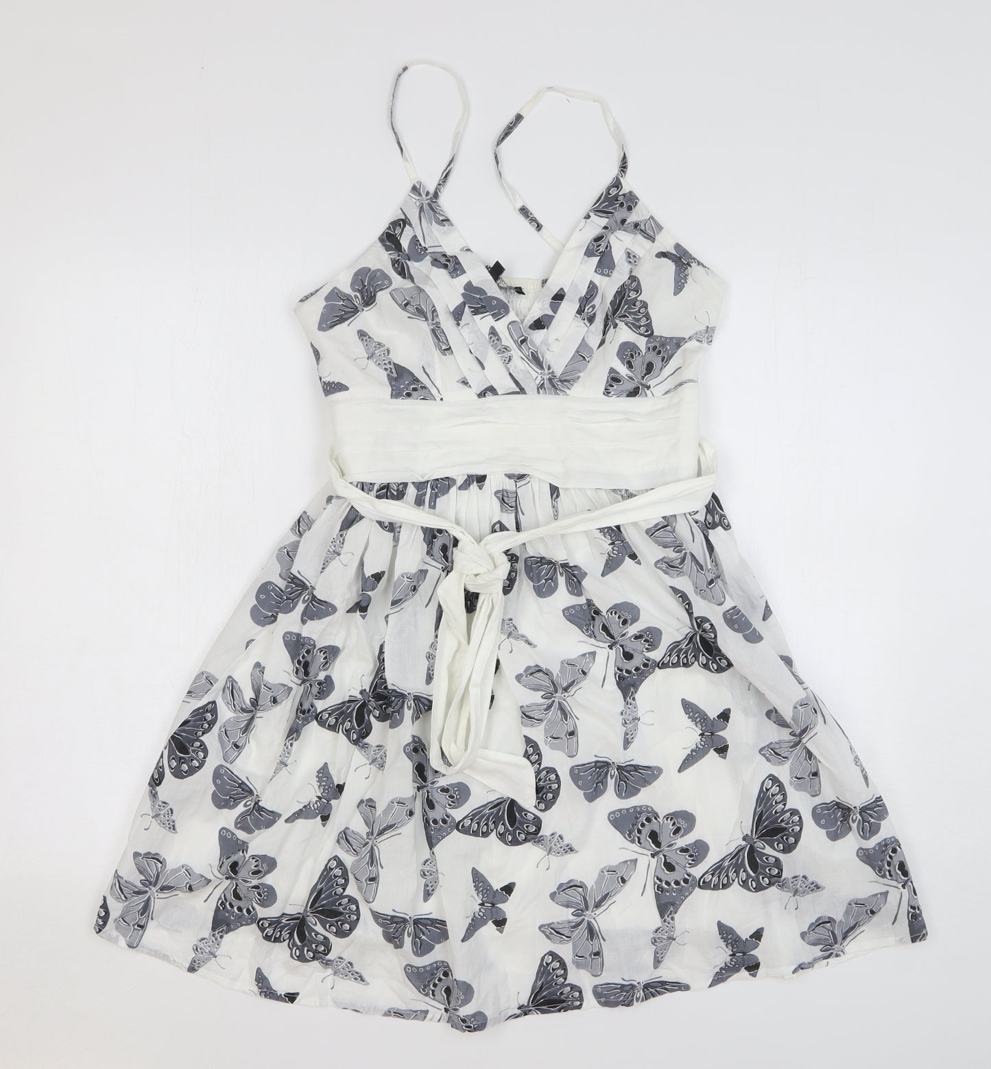 Mela Loves London Womens White Geometric Cotton Skater Dress Size 12 V-Neck Pullover - Butterflies