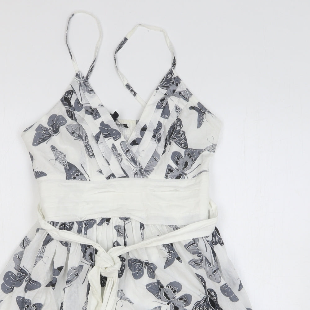 Mela Loves London Womens White Geometric Cotton Skater Dress Size 12 V-Neck Pullover - Butterflies