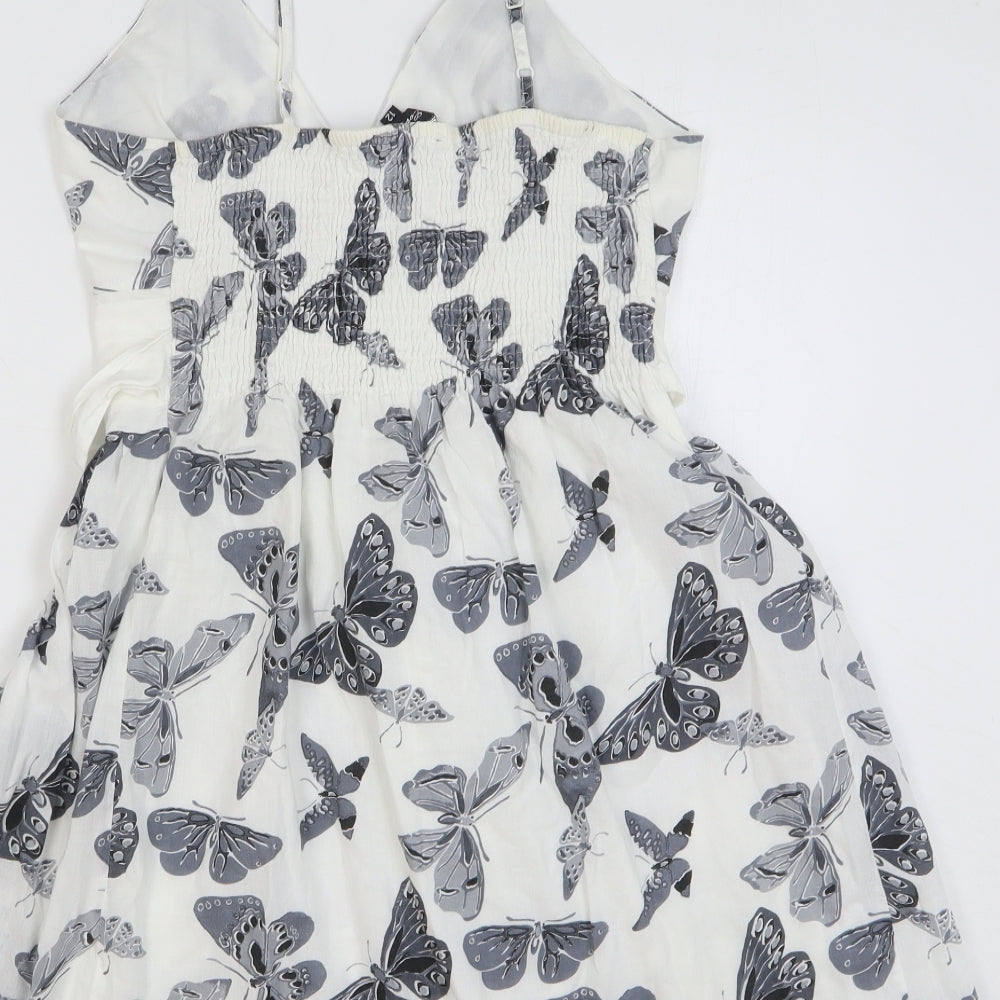 Mela Loves London Womens White Geometric Cotton Skater Dress Size 12 V-Neck Pullover - Butterflies