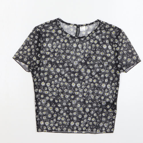 H&M Womens Black Floral Polyester Cropped T-Shirt Size S Round Neck