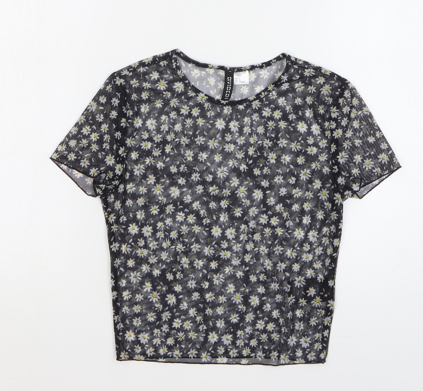 H&M Womens Black Floral Polyester Cropped T-Shirt Size S Round Neck