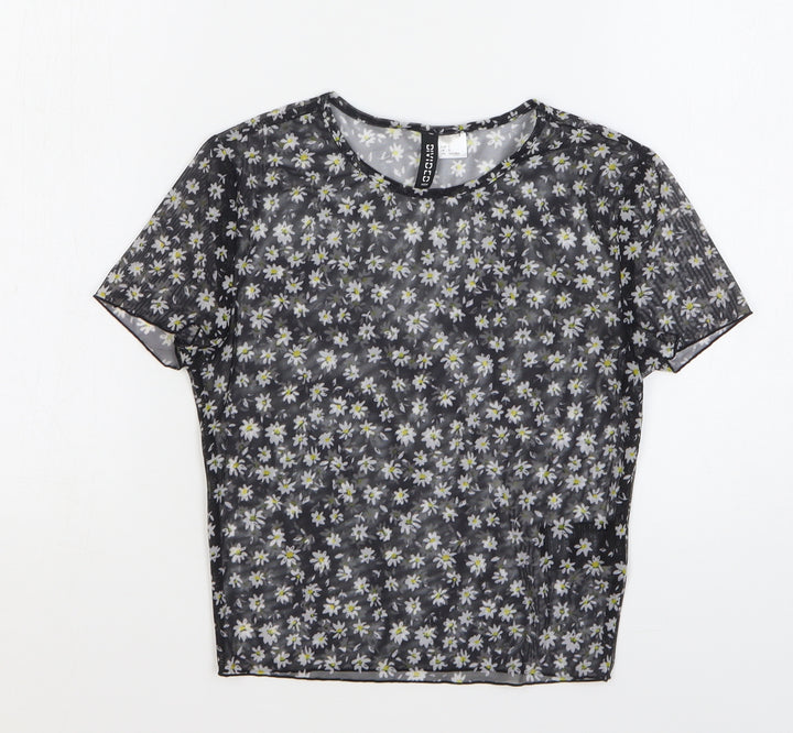 H&M Womens Black Floral Polyester Cropped T-Shirt Size S Round Neck