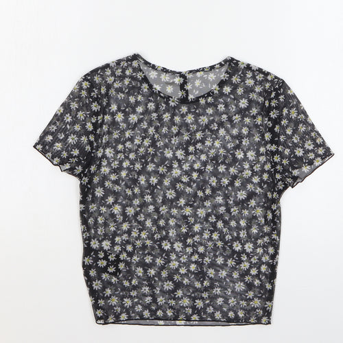 H&M Womens Black Floral Polyester Cropped T-Shirt Size S Round Neck
