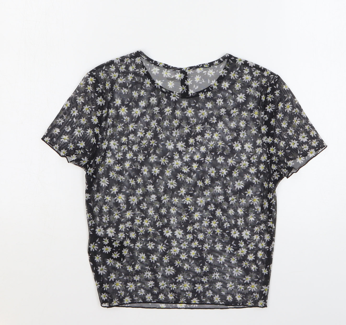 H&M Womens Black Floral Polyester Cropped T-Shirt Size S Round Neck