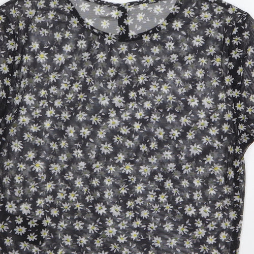 H&M Womens Black Floral Polyester Cropped T-Shirt Size S Round Neck