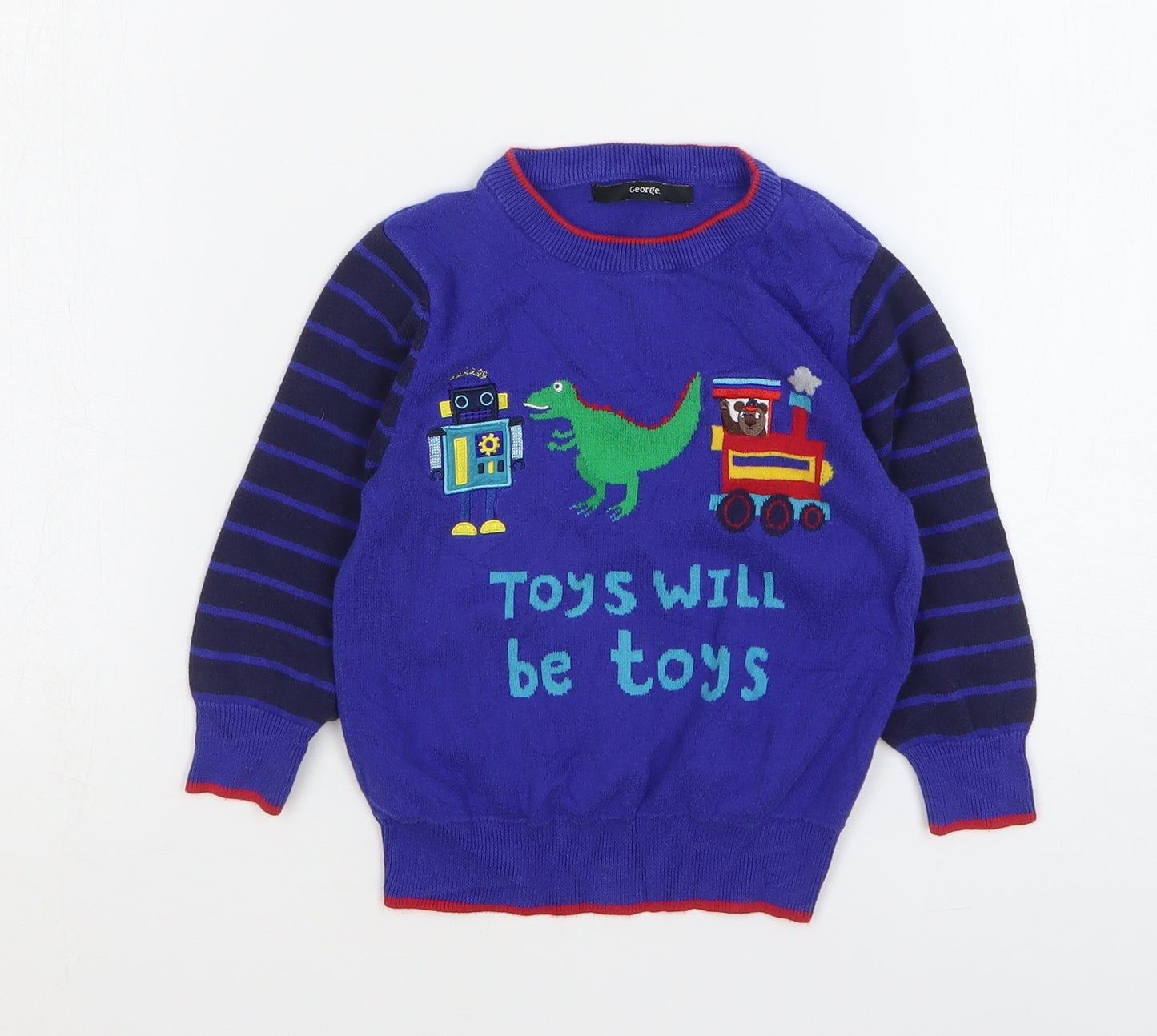 George Boys Blue Round Neck Striped Cotton Pullover Jumper Size 2-3 Years Pullover - Dinosaur, Robot