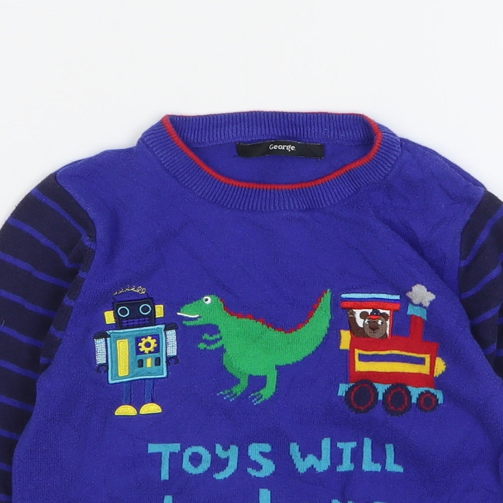 George Boys Blue Round Neck Striped Cotton Pullover Jumper Size 2-3 Years Pullover - Dinosaur, Robot