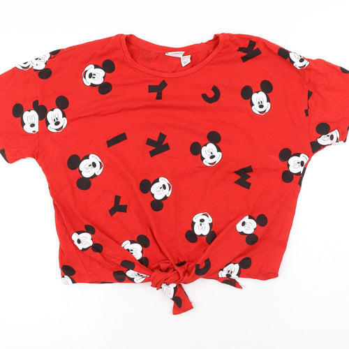 Disney Womens Red Geometric Cotton Basic T-Shirt Size 10 Round Neck - Mickey Mouse