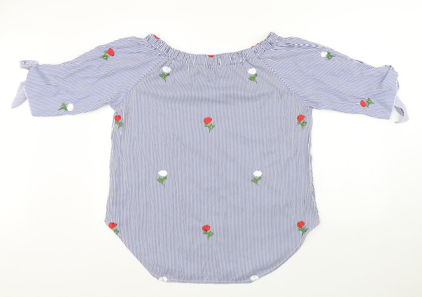 Quiz Womens Blue Striped Cotton Basic Blouse Size 18 Round Neck - Roses