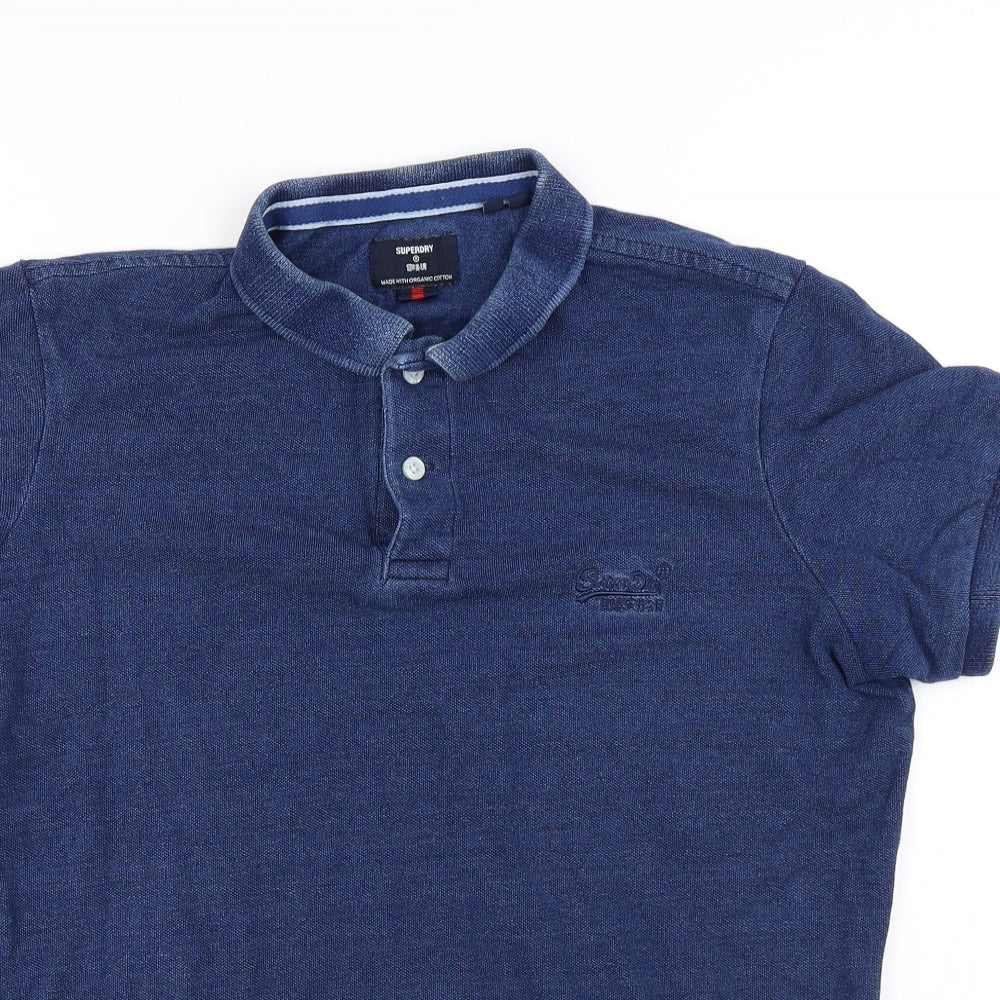 Superdry Mens Blue Cotton Polo Size L Collared Button