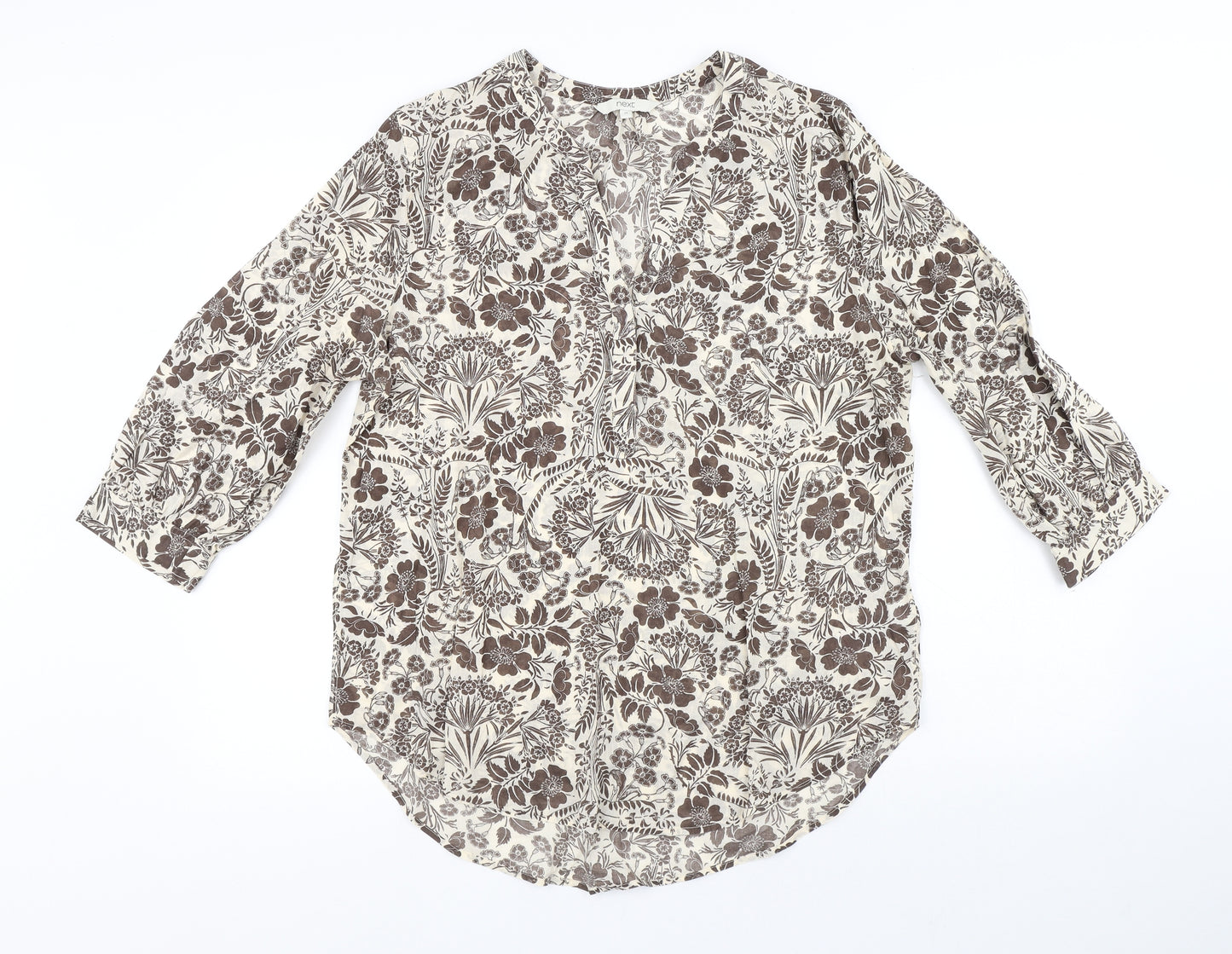 NEXT Womens Brown Floral Cotton Basic T-Shirt Size 14 V-Neck - Flowers