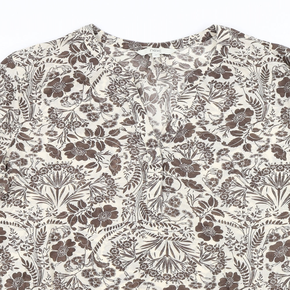 NEXT Womens Brown Floral Cotton Basic T-Shirt Size 14 V-Neck - Flowers