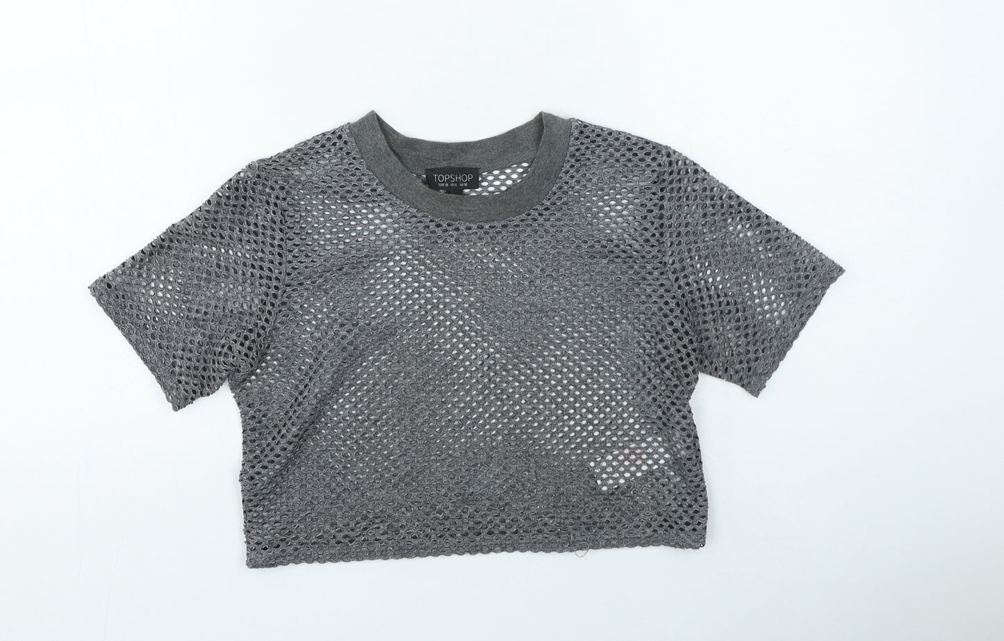 Topshop Womens Grey Polyester Cropped T-Shirt Size 10 Round Neck