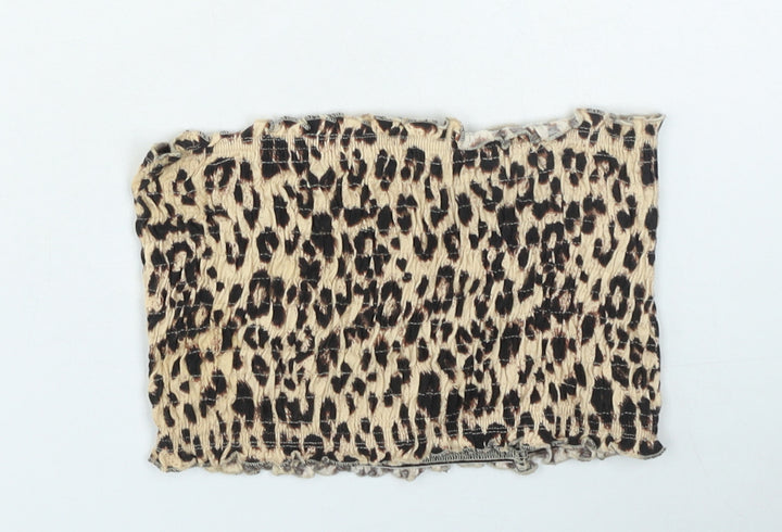 Topshop Womens Brown Animal Print Cotton Cropped Tank Size 10 Off the Shoulder - Shirred Leopard Print