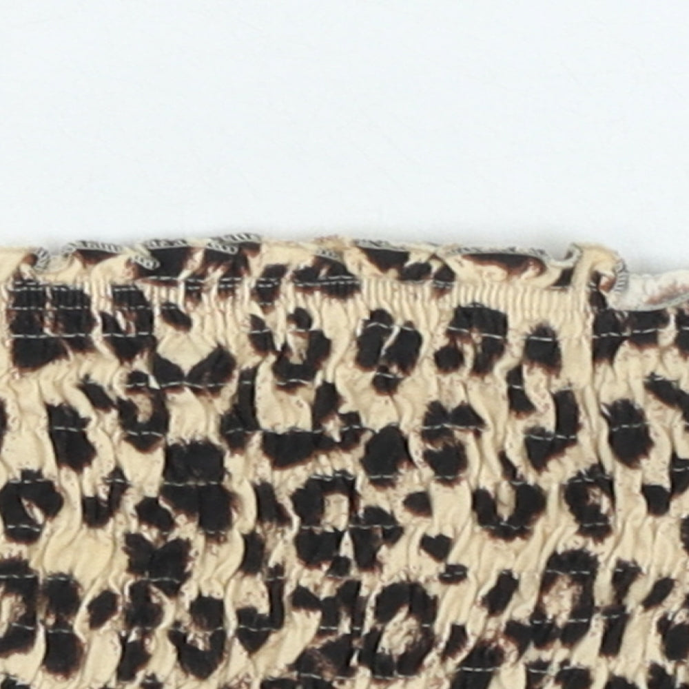 Topshop Womens Brown Animal Print Cotton Cropped Tank Size 10 Off the Shoulder - Shirred Leopard Print