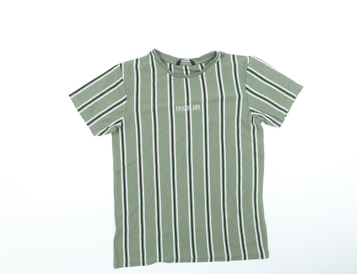 George Boys Green Striped Cotton Basic Casual Size 12-13 Years Round Neck Pullover