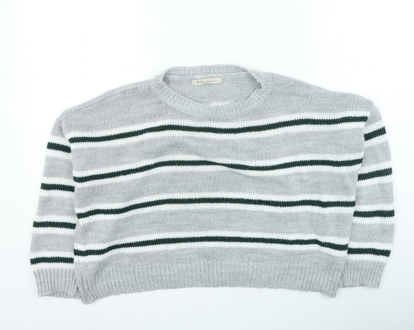 Preworn Womens Grey Round Neck Striped Acrylic Pullover Jumper Size M