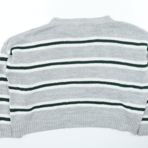 Preworn Womens Grey Round Neck Striped Acrylic Pullover Jumper Size M