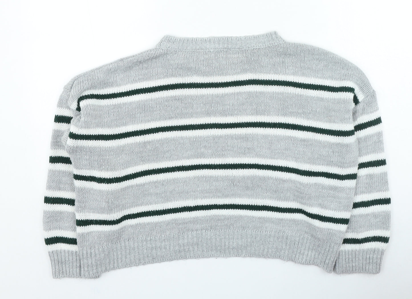 Preworn Womens Grey Round Neck Striped Acrylic Pullover Jumper Size M