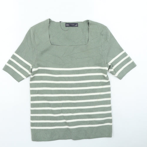 Marks and Spencer Womens Green Square Neck Striped Acrylic Pullover Jumper Size 10