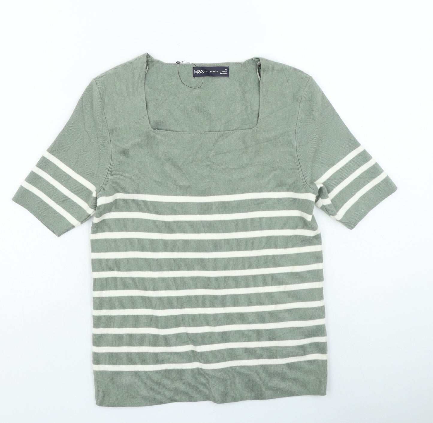 Marks and Spencer Womens Green Square Neck Striped Acrylic Pullover Jumper Size 10