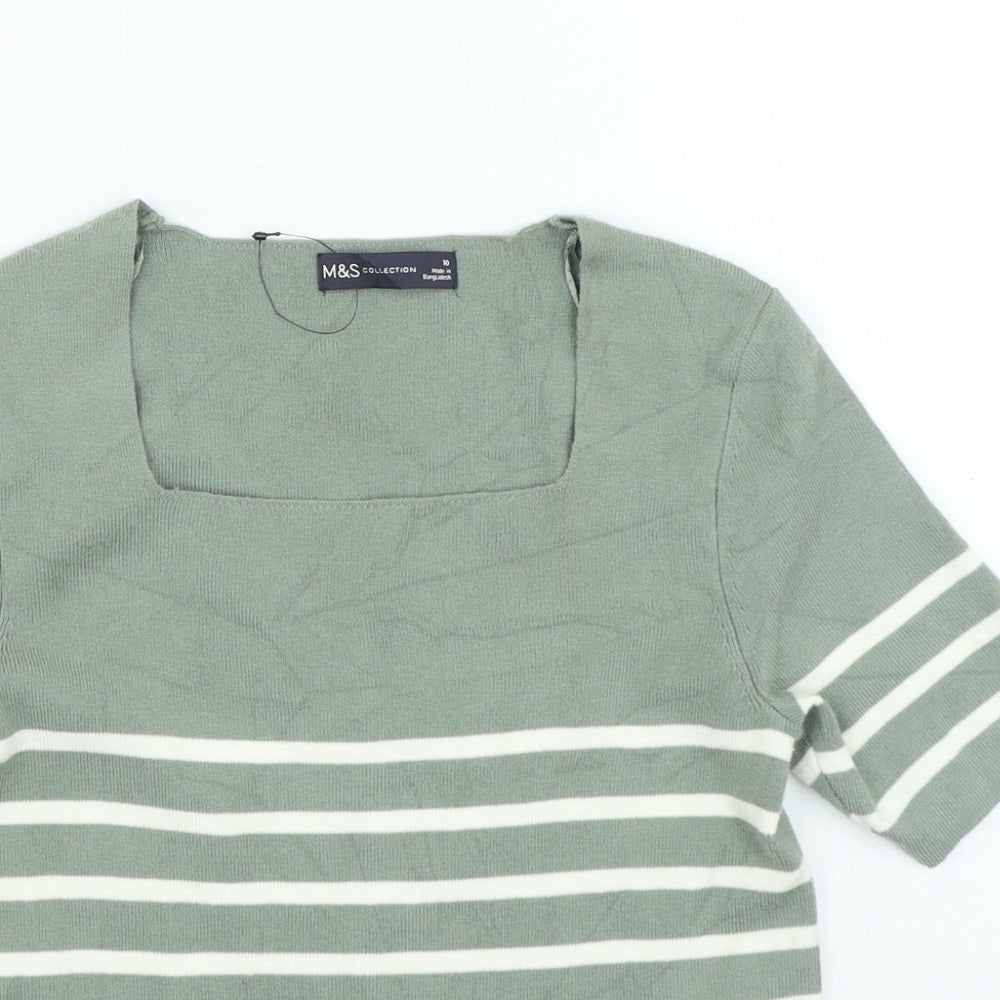 Marks and Spencer Womens Green Square Neck Striped Acrylic Pullover Jumper Size 10