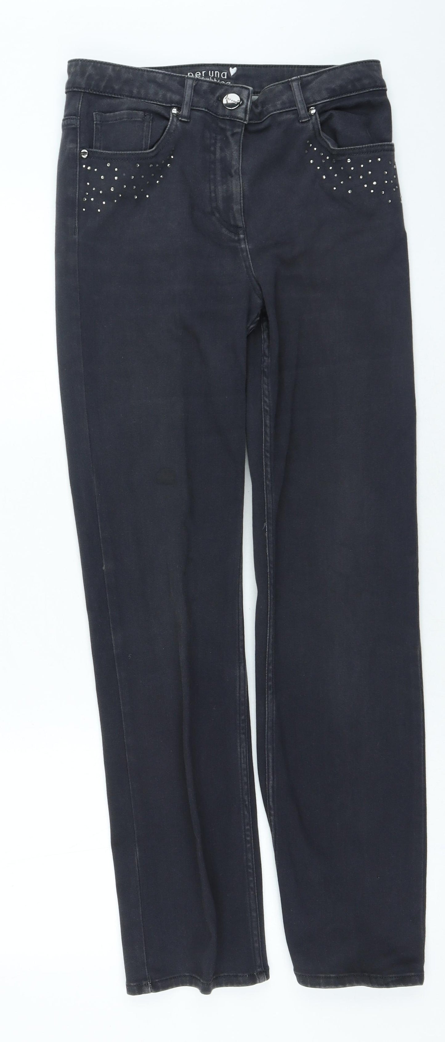 Marks and Spencer Womens Grey Cotton Straight Jeans Size 32 in L28 in Regular Zip