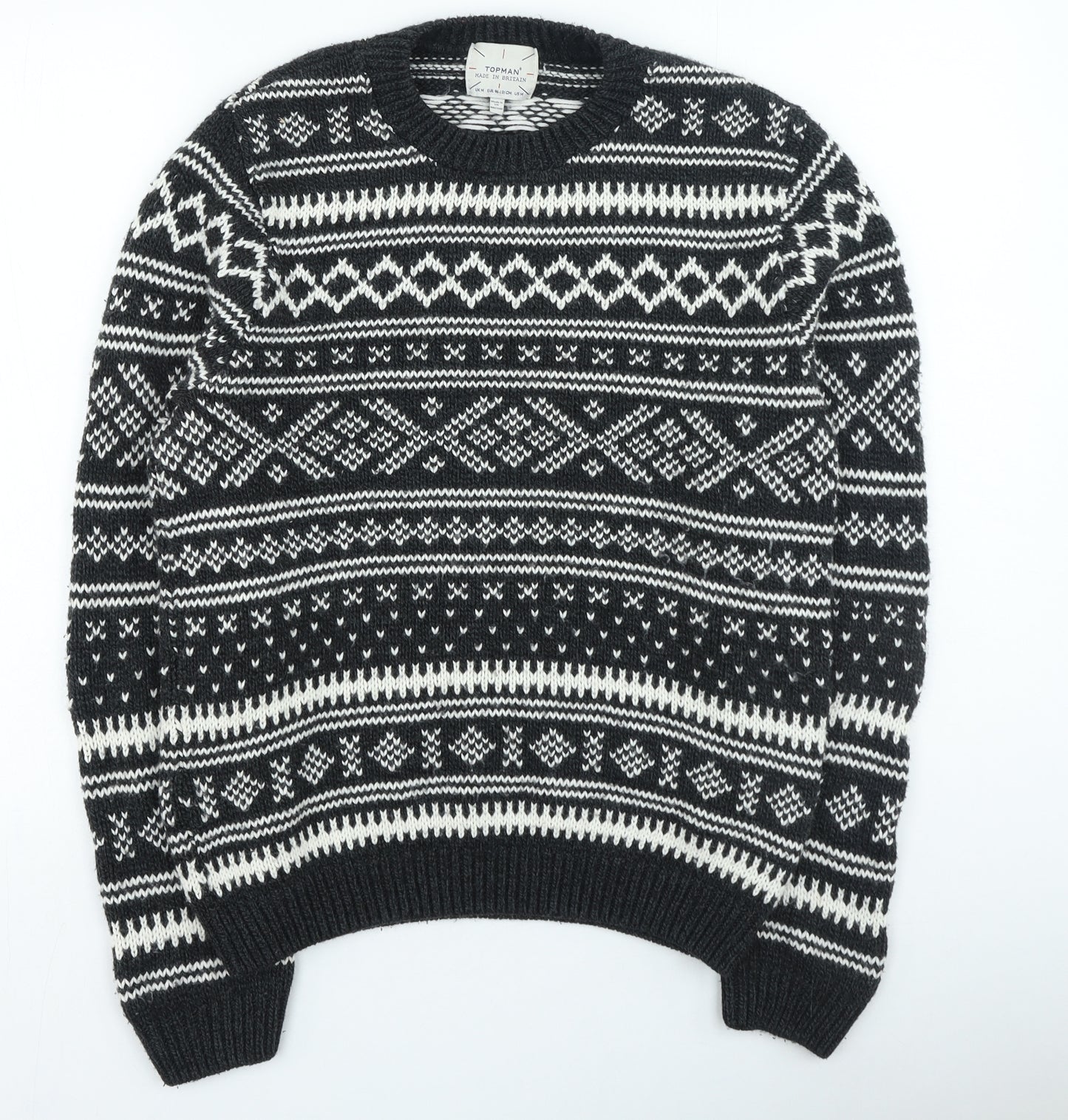 Topman Mens Black Round Neck Fair Isle Acrylic Pullover Jumper Size M