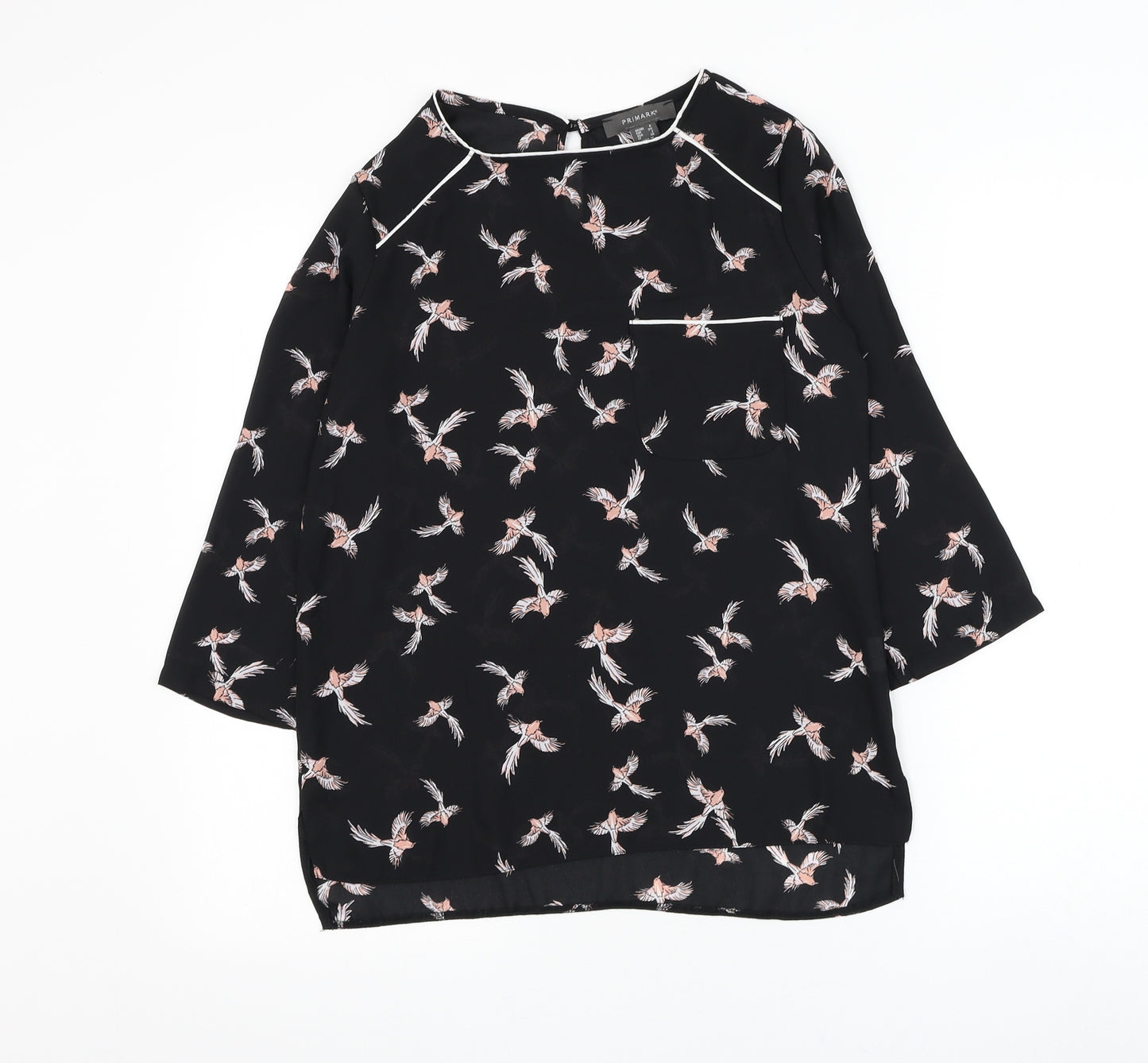 Primark Womens Black Geometric Polyester Basic Blouse Size 6 Round Neck - Bird