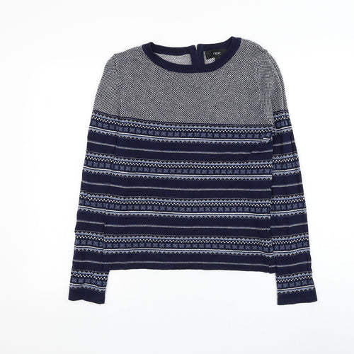 NEXT Womens Blue Round Neck Geometric Cotton Pullover Jumper Size 8