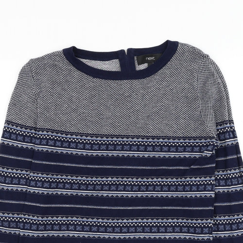 NEXT Womens Blue Round Neck Geometric Cotton Pullover Jumper Size 8